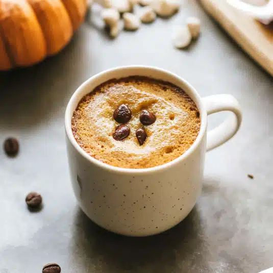 Pumpkin mug cake topped with whipped cream and cinnamon