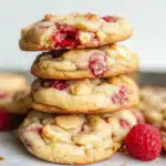 Raspberry cheesecake cookies stacked on a plate
