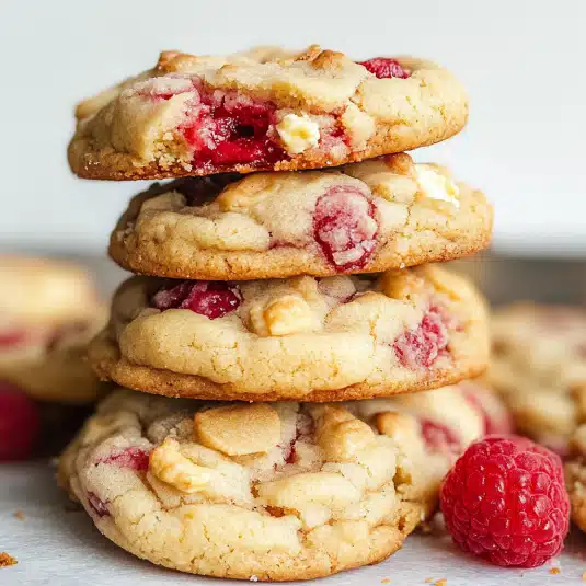 Raspberry cheesecake cookies stacked on a plate