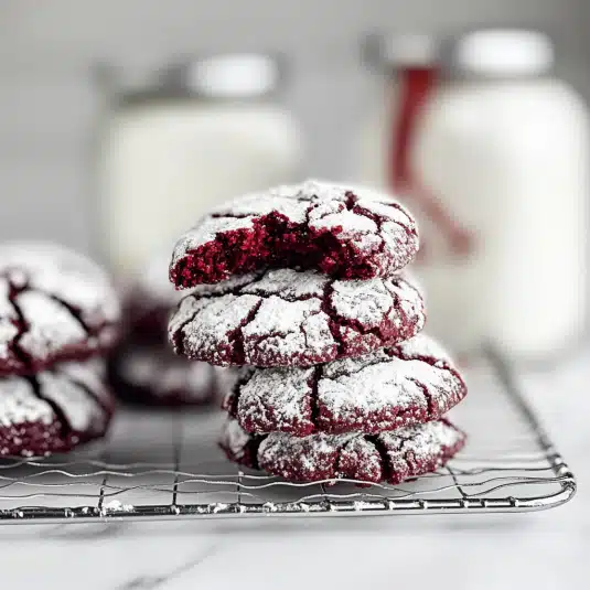 Red velvet crinkle cookies cooling on a wire rack