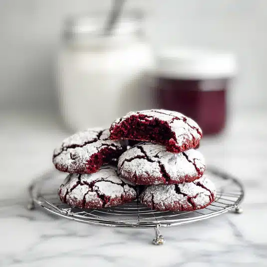 Red Velvet Crinkle Cookies fresh from the oven with powdered sugar coating