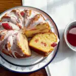 strawberry pound cake sliced on table