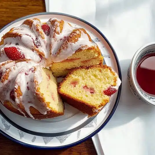 strawberry pound cake sliced on table