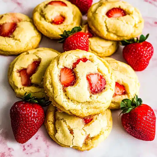 Strawberry shortcake cookies on a rustic plate