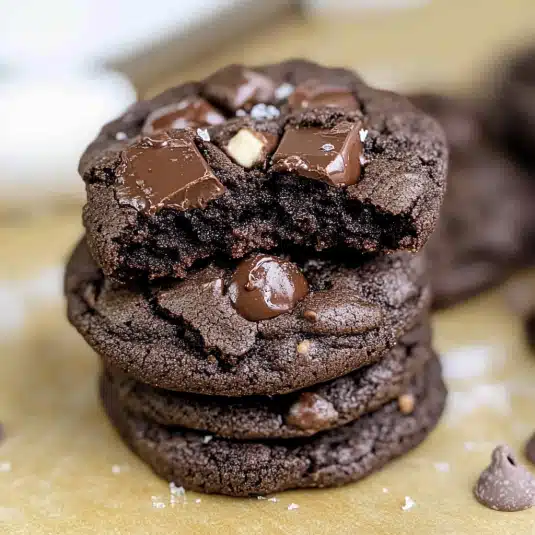 triple chocolate cookies with caramel drizzle and nuts