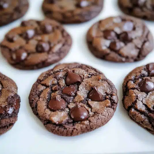 triple chocolate cookies fresh from oven with melting chocolate
