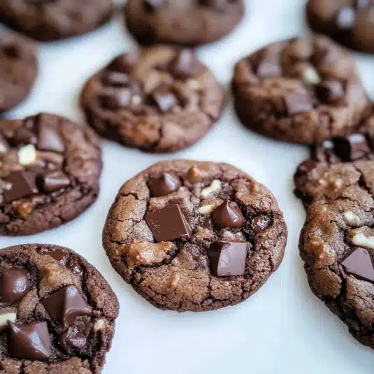 triple chocolate cookies fresh from oven with melting chocolate chunks