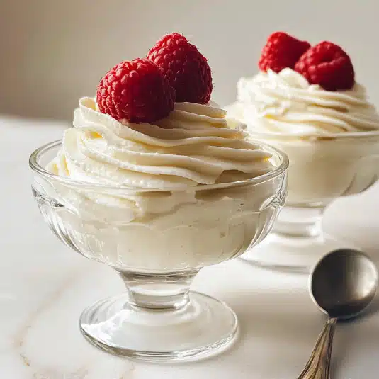 Vanilla mousse parfait with raspberry compote