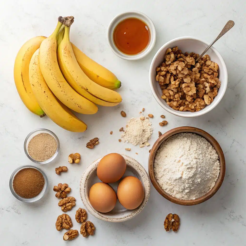 almond flour banana bread ingredients flat lay