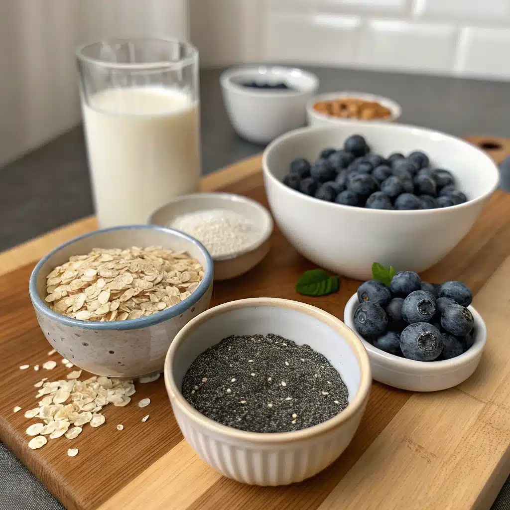 Ingredients for blueberry overnight oats on a kitchen counter