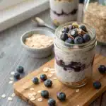 Blueberry overnight oats in a glass jar with almond milk