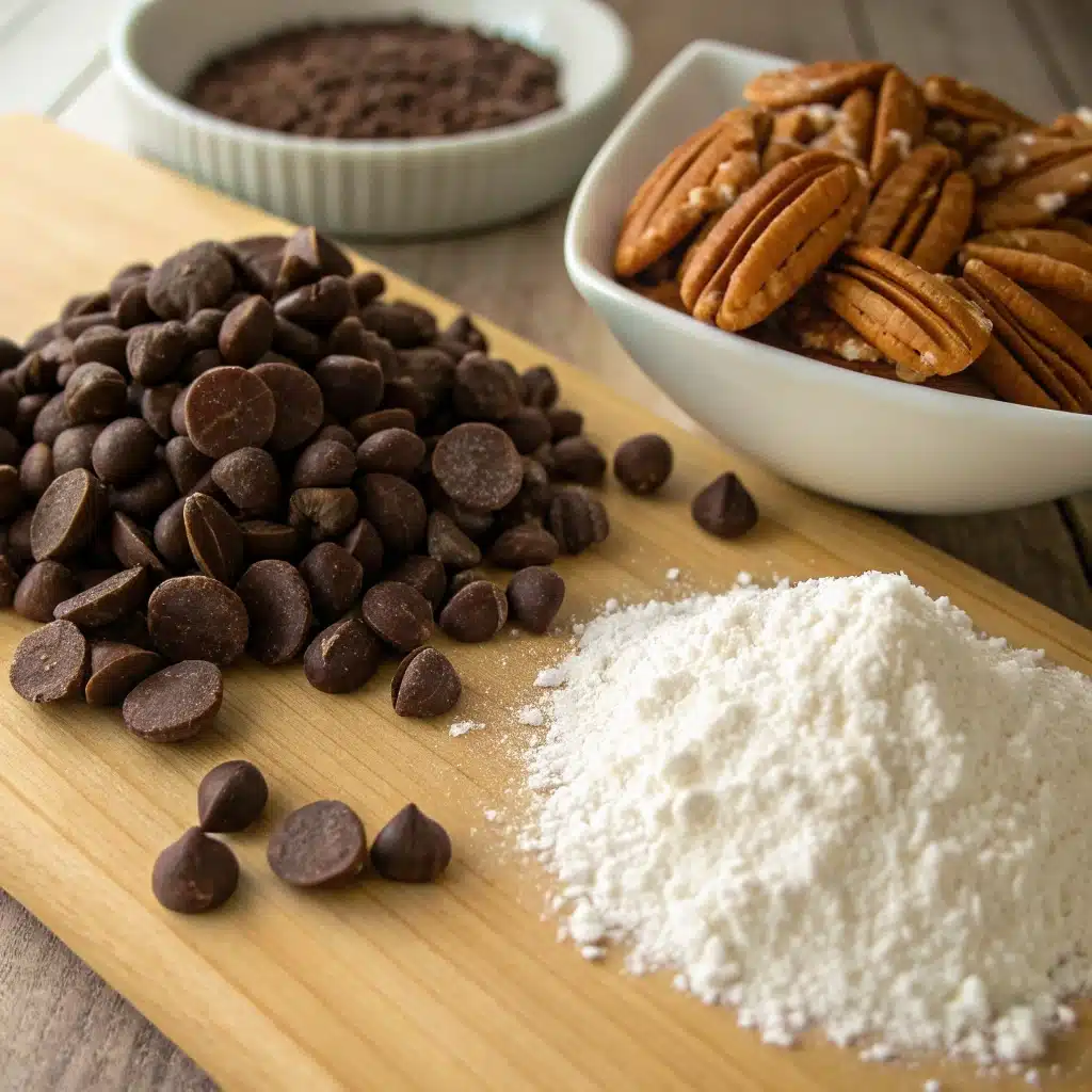 Chocolate chip pecan cookie ingredients on rustic wooden table