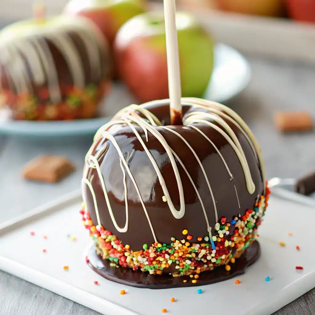 Chocolate Covered Apples with white chocolate drizzle and sprinkles