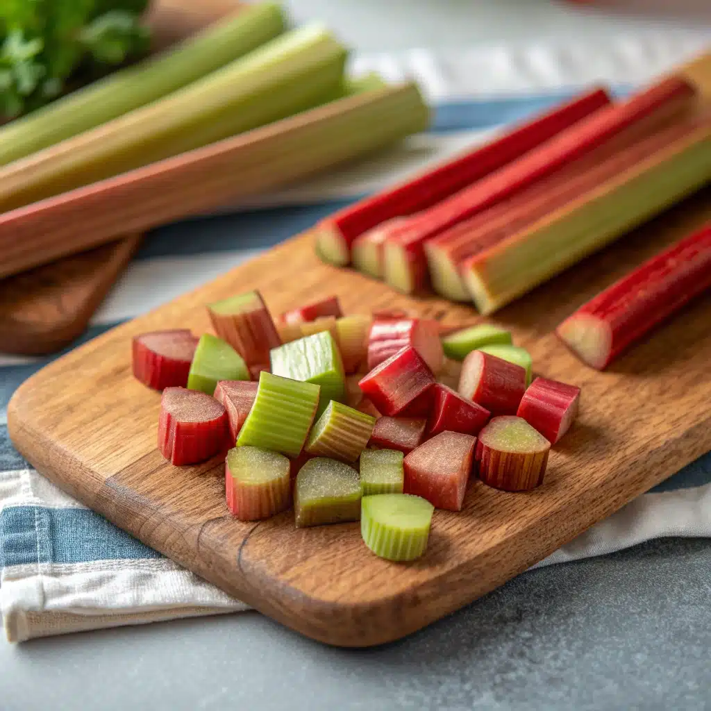 Chopped fresh rhubarb for rhubarb dump cake preparation