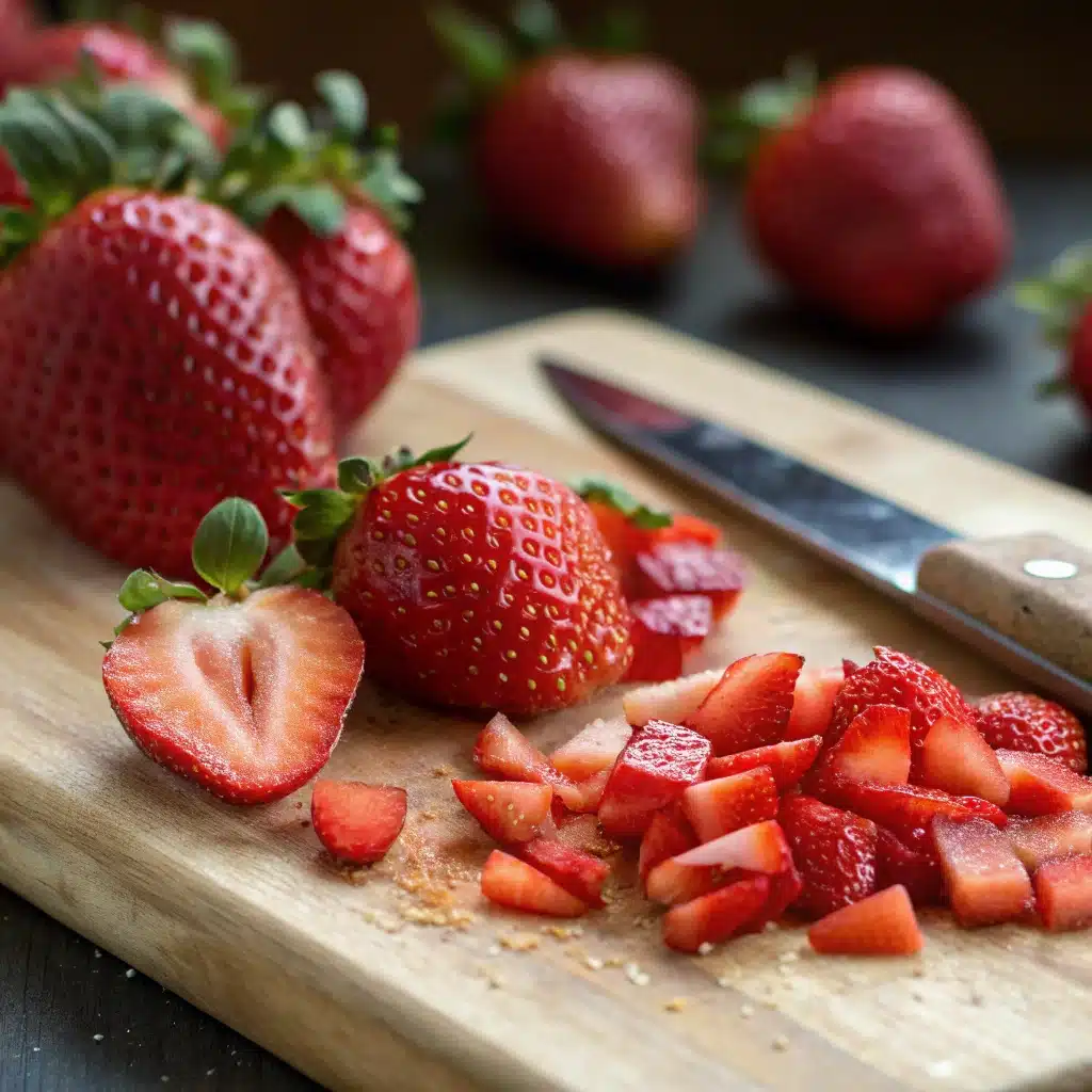 fresh strawberries being diced for strawberry pound cake