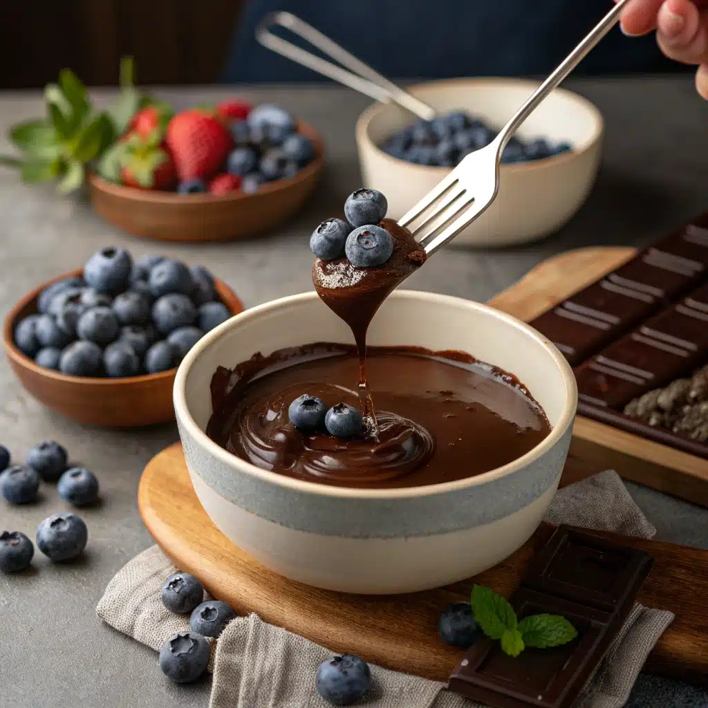Dipping blueberries into melted chocolate