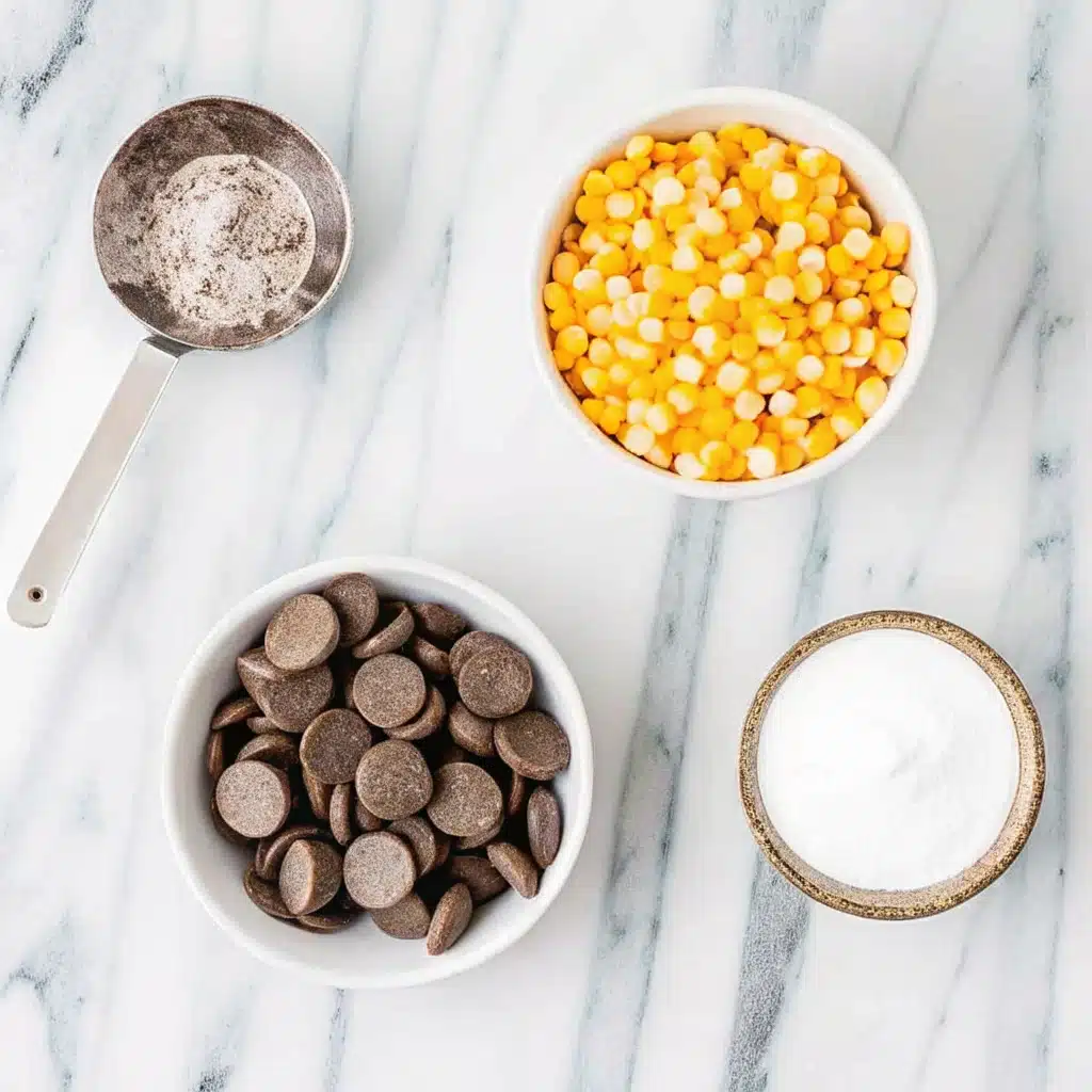 ingredien Candy corn, chocolate wafers, baking powder, and cocoa powder