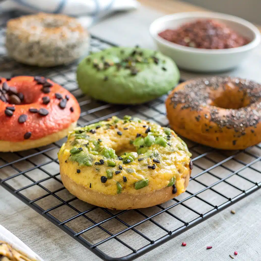 Assorted keto cottage cheese bagel flavors on rack