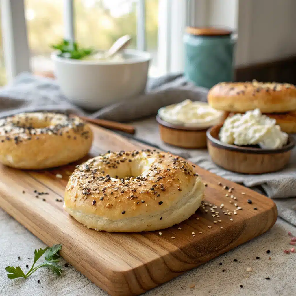 Keto cottage cheese bagels fresh from oven on wood board