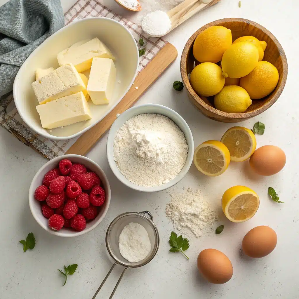 Lemon Raspberry Cookie ingredients on white countertop