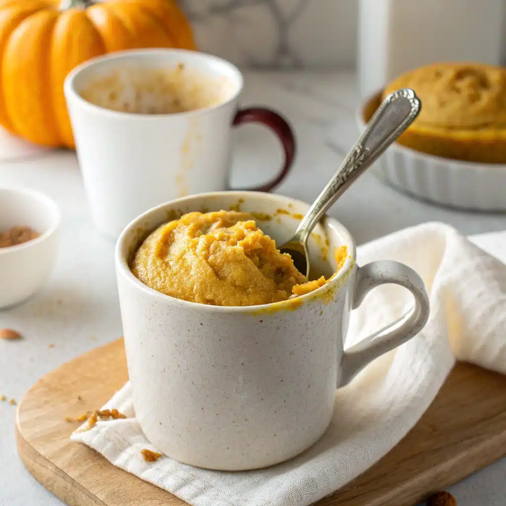 Stirring pumpkin mug cake batter in white mug