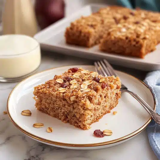 Moist oatmeal cake with coconut topping on a rustic plate