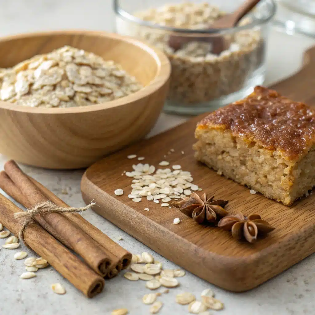 Healthy oatmeal cake ingredients with oats and cinnamon