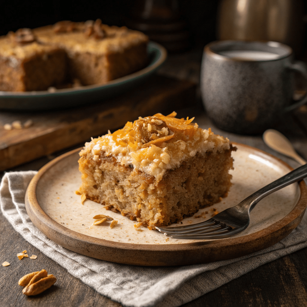 oatmeal cake with coconut topping on a rustic plate