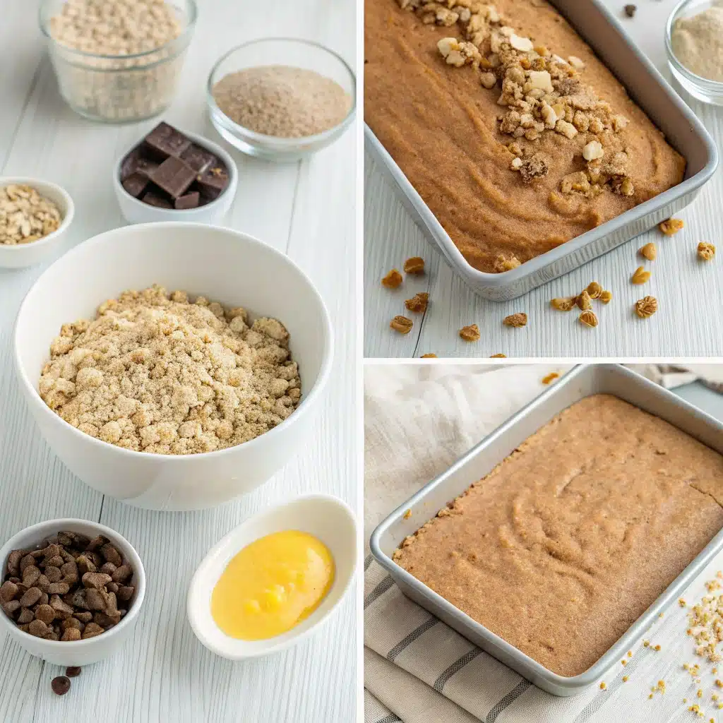Preparing oatmeal cake from scratch with soaked oats and batter