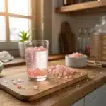 Glass of pink Himalayan salt water for Oprah Winfrey Pink Salt Recipe