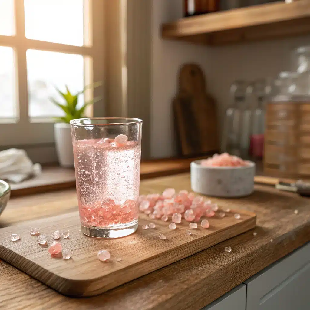Glass of pink Himalayan salt water for Oprah Winfrey Pink Salt Recipe