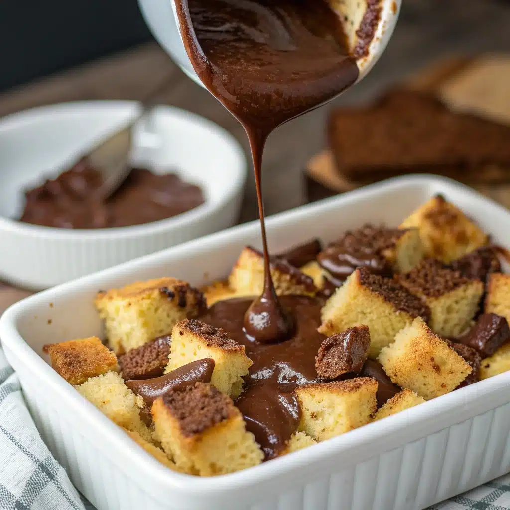 Pouring chocolate custard into bread pudding