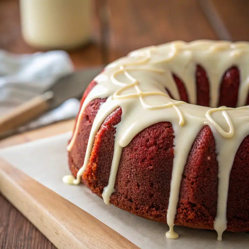 red velvet bundt cake with cream cheese glaze close