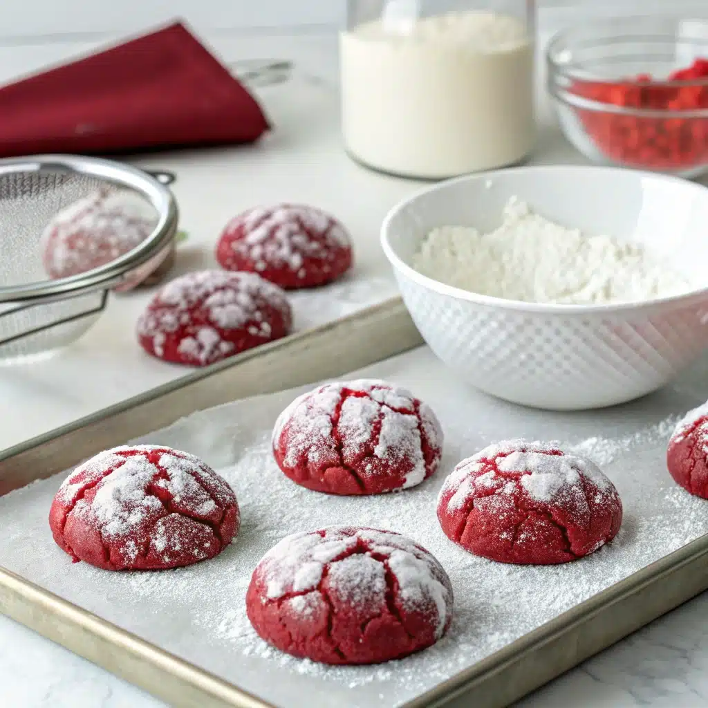 Rolling red velvet crinkle cookie dough in powdered sugar before baking