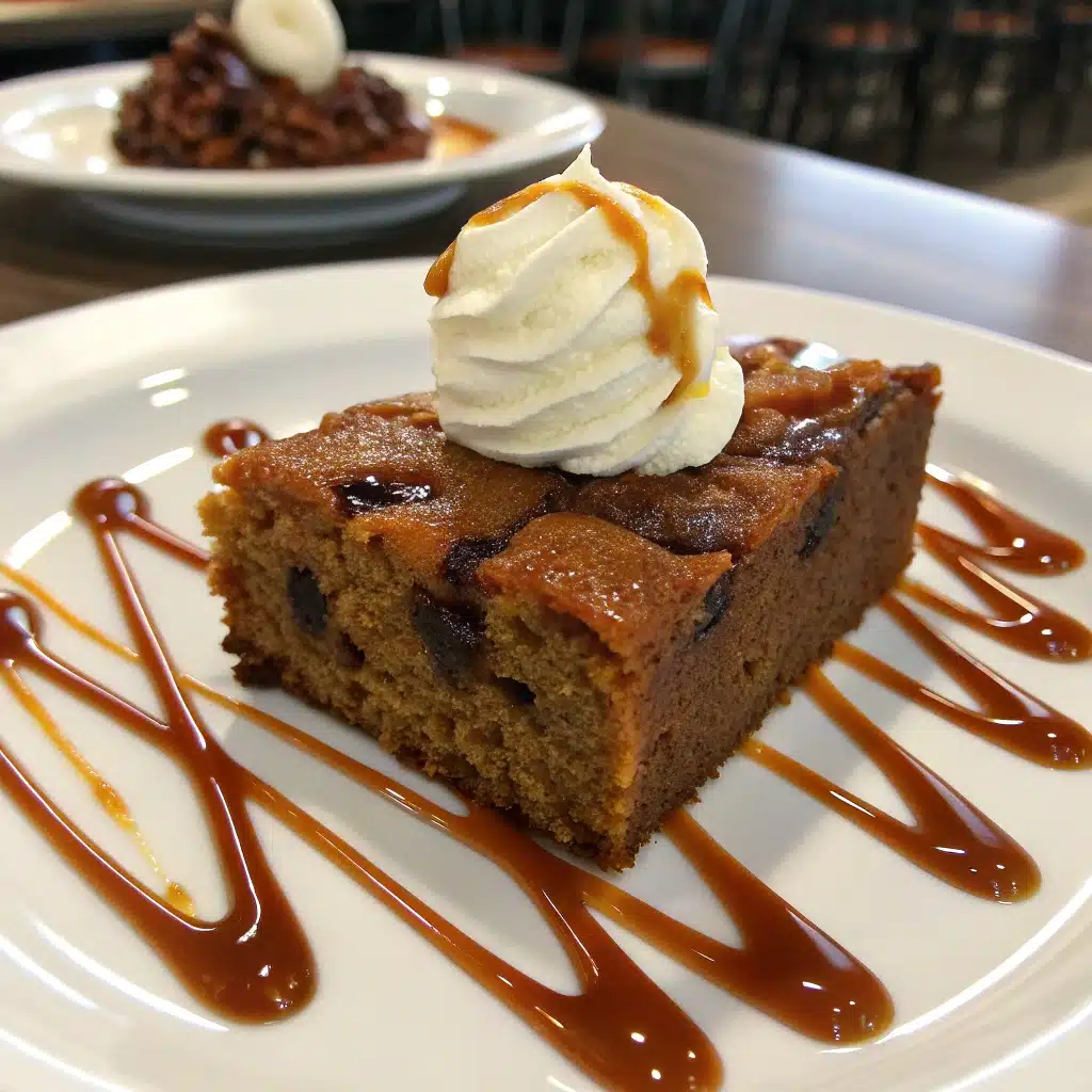 Slice of date cake with caramel drizzle