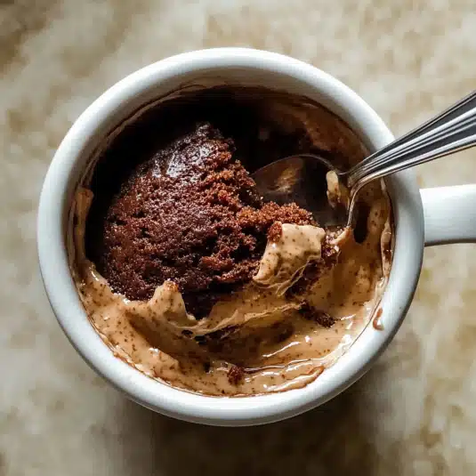 3 ingredient mug cake in a white mug topped with whipped cream, cocoa powder