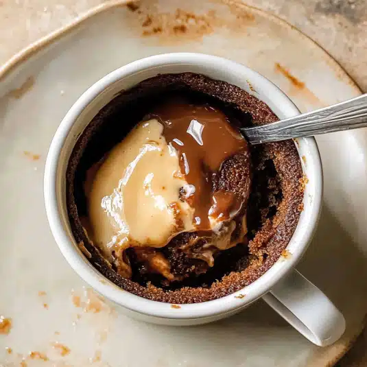 Chocolate 3 ingredient mug cake in a white mug topped with whipped cream