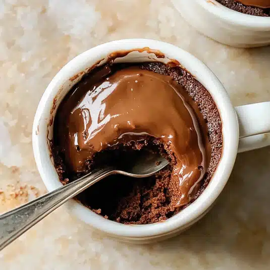 chocolate 3 ingredient mug cake in a white mug topped with whipped cream, cocoa powder, raspberries, and blueberries