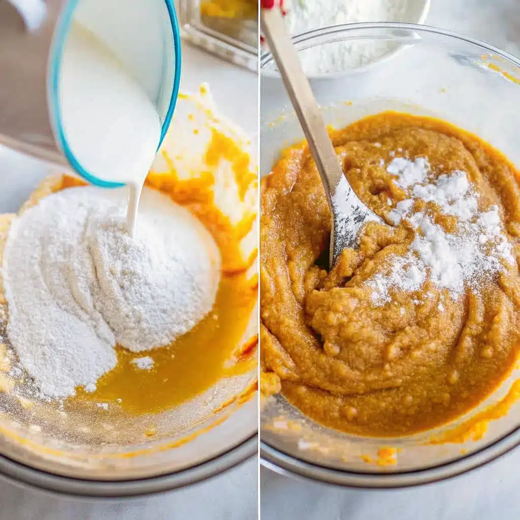 A step-by-step process showing flour and milk being added to pumpkin batter, followed by mixing in baking soda and spices.