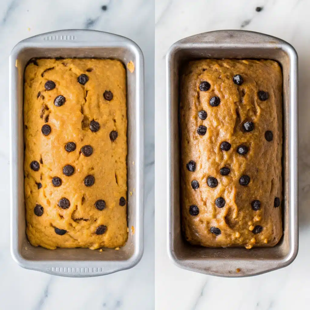 Side-by-side view of unbaked and freshly baked pumpkin chocolate chip bread loaves in metal pans.