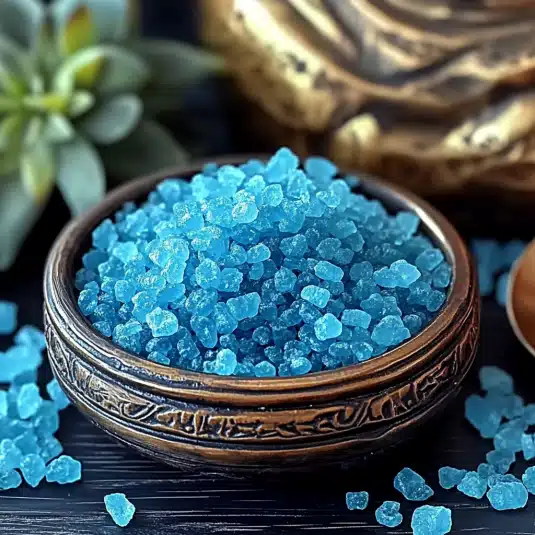 Bowl of vibrant blue salt crystals used in the viral Blue Salt Trick Recipe
