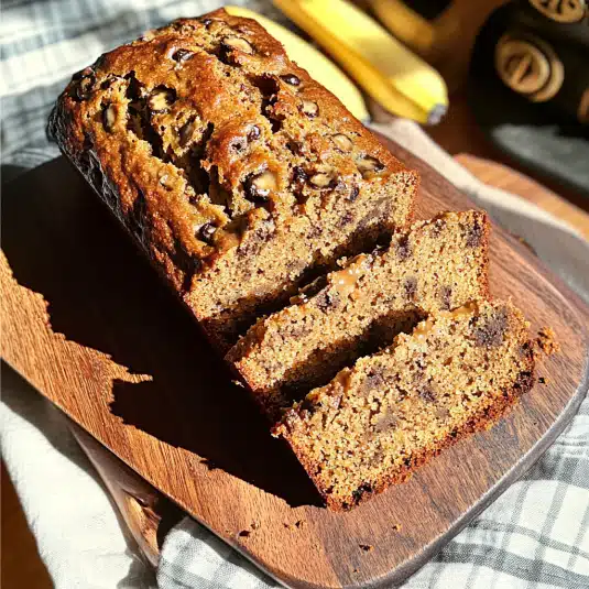 A slice of moist brown butter banana bread filled with chocolate chips