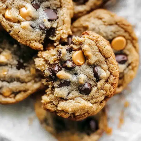 chewy butterscotch chocolate chip cookies on a white plate, topped with golden butterscotch and dark chocolate chips