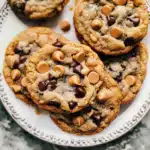 chewy butterscotch chocolate chip cookies on a white plate, topped with golden butterscotch and dark chocolate chips