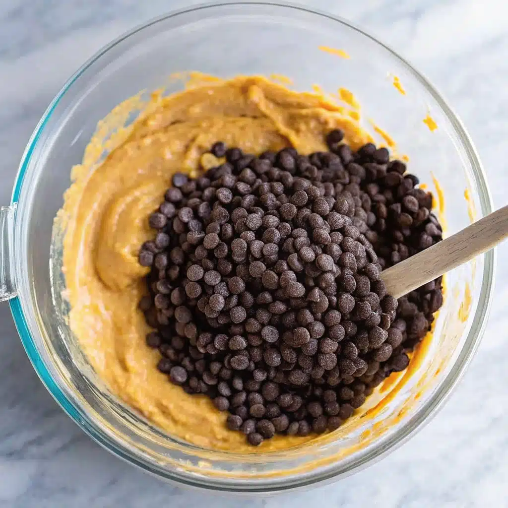 Chocolate chips piled on top of pumpkin bread batter in a mixing bowl before being folded in.