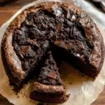 Rich chocolate coffee cake topped with chunks of dark chocolate and a crumbly cocoa topping