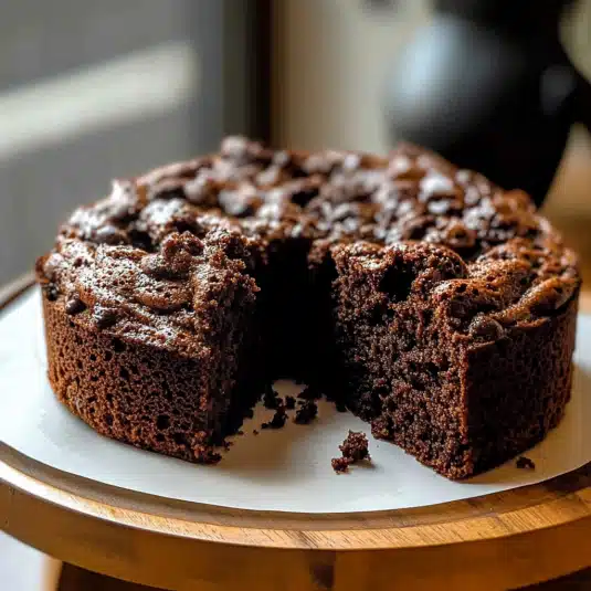 Rich chocolate coffee cake topped with chunks of dark chocolate