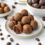 Chocolate coffee truffles recipe stacked on a plate with one cut open, surrounded by coffee beans.