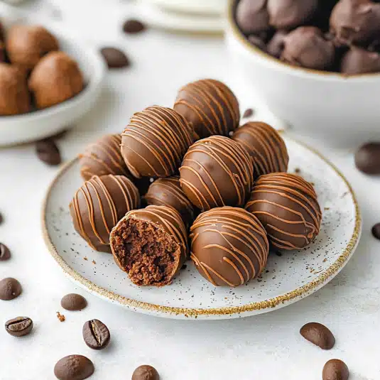 Chocolate coffee truffles recipe stacked on a plate with one cut open, surrounded by coffee beans.