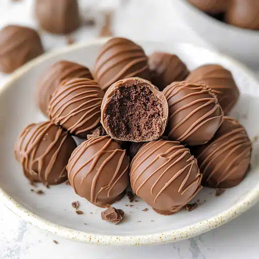 Close-up of chocolate coffee truffles on a plate, with one truffle bitten to show the rich, soft center.